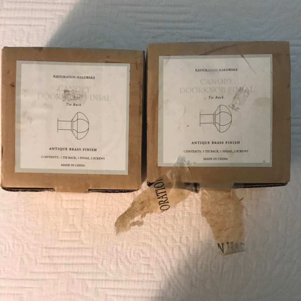 New Pair Restoration Hardware Drapery Finials Tie Backs in Antique Brass
